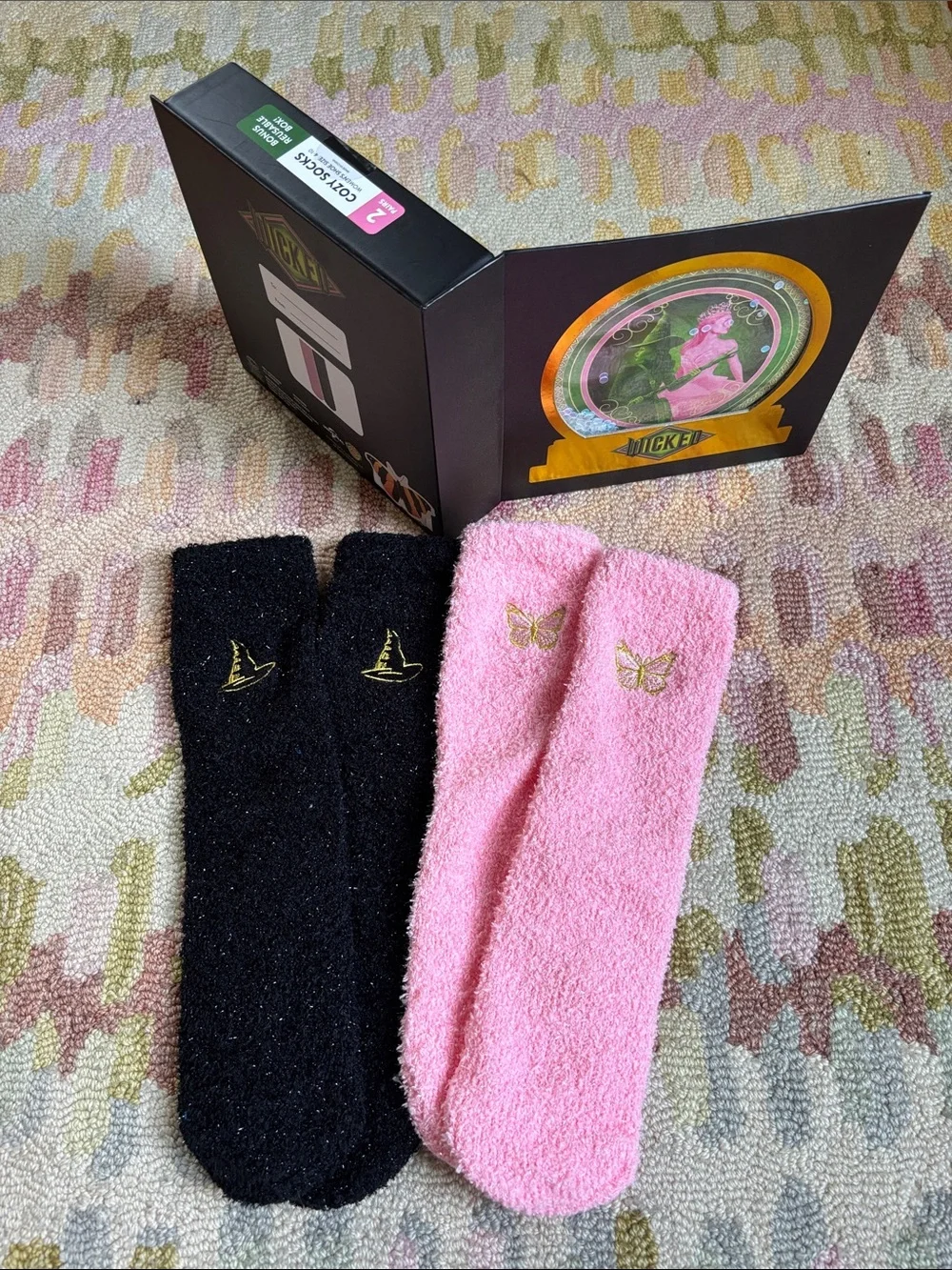 Wicked Cozy Socks (2 prs) Fun Reusable iridescent glitter box Black + Pink NWT